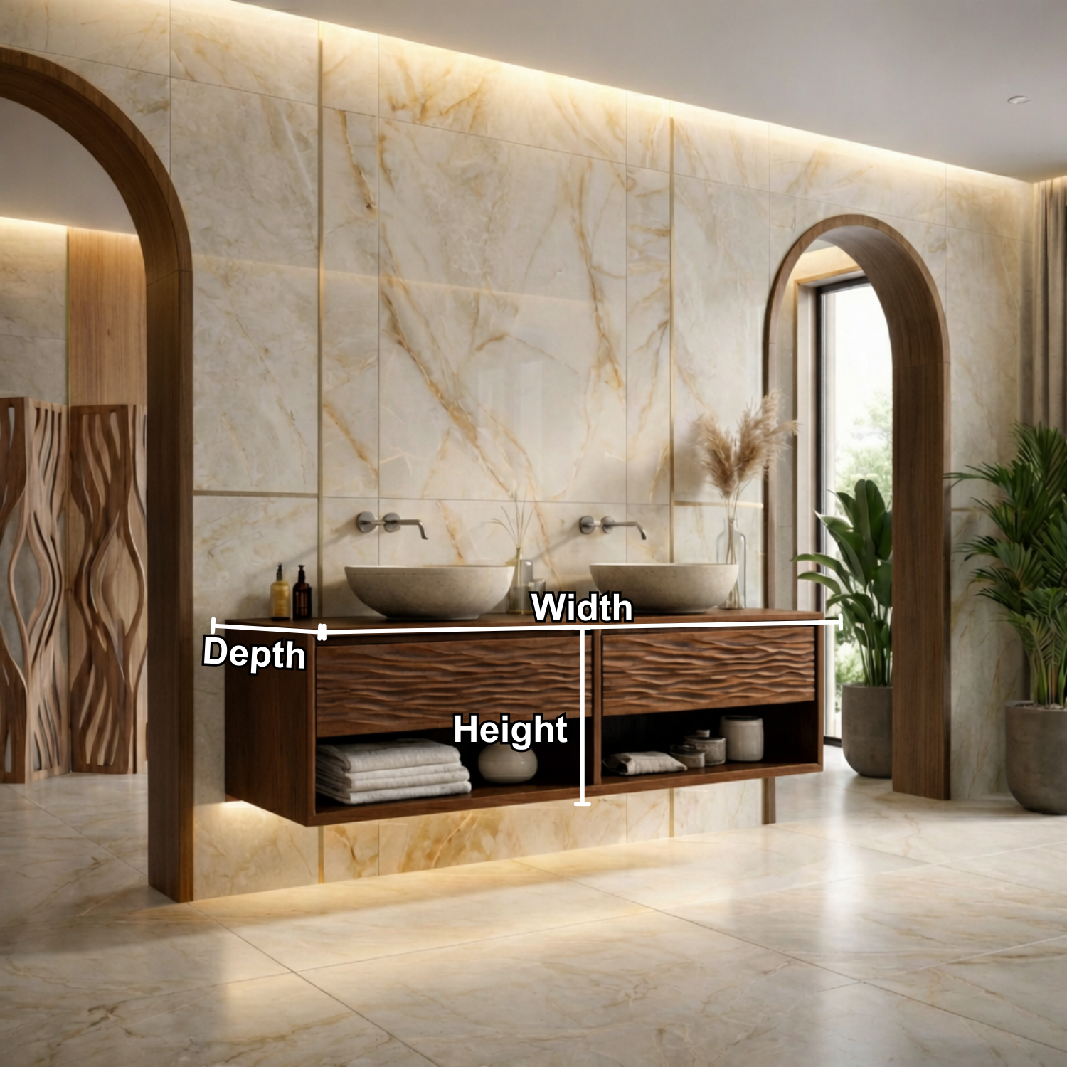 Floating Solid Wood Bathroom Vanity with Wave Front and Open Shelf Storage