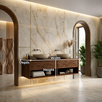 Floating Solid Wood Bathroom Vanity with Wave Front and Open Shelf Storage