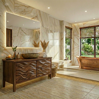 Freestanding Solid Wood Bathroom Vanity with Carved Wave Doors