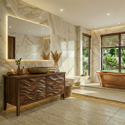 Freestanding Solid Wood Bathroom Vanity with Carved Wave Doors