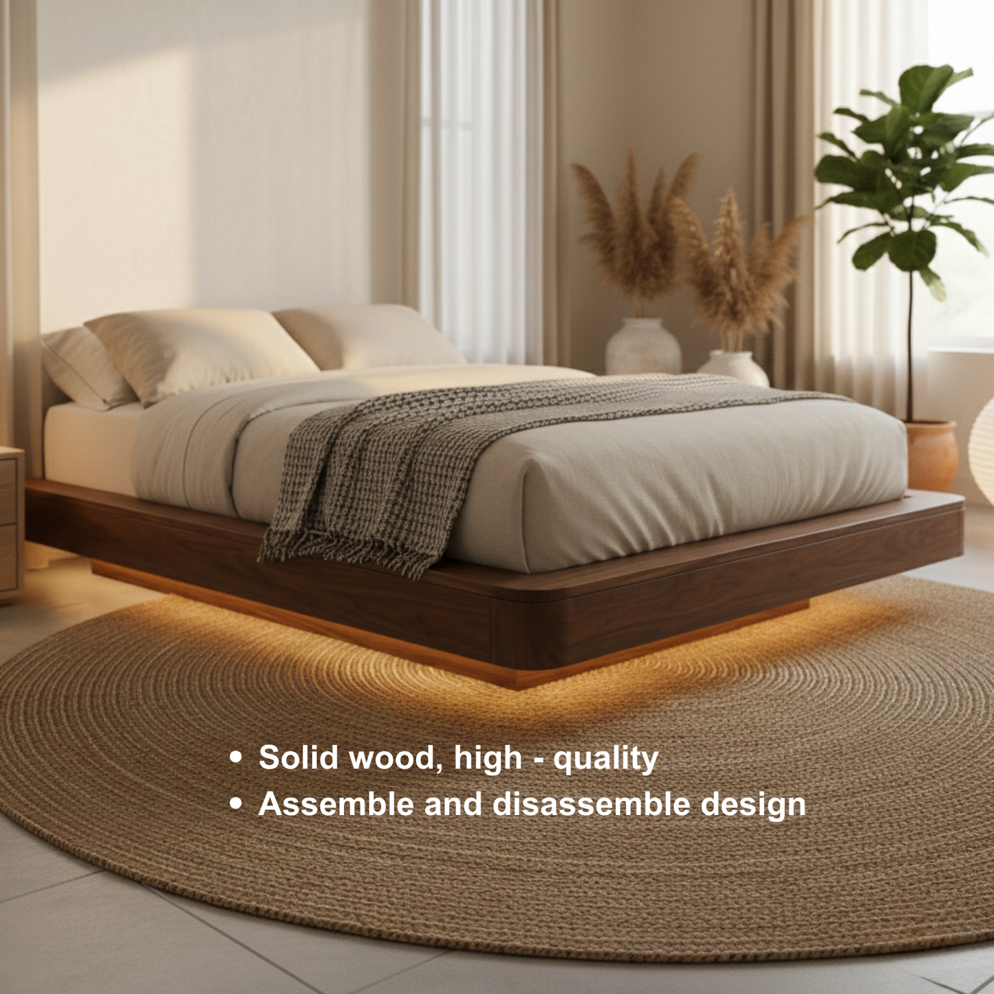 Handcrafted Solid Wood Floating Bed Frame with Modern Platform Design Kitchnce