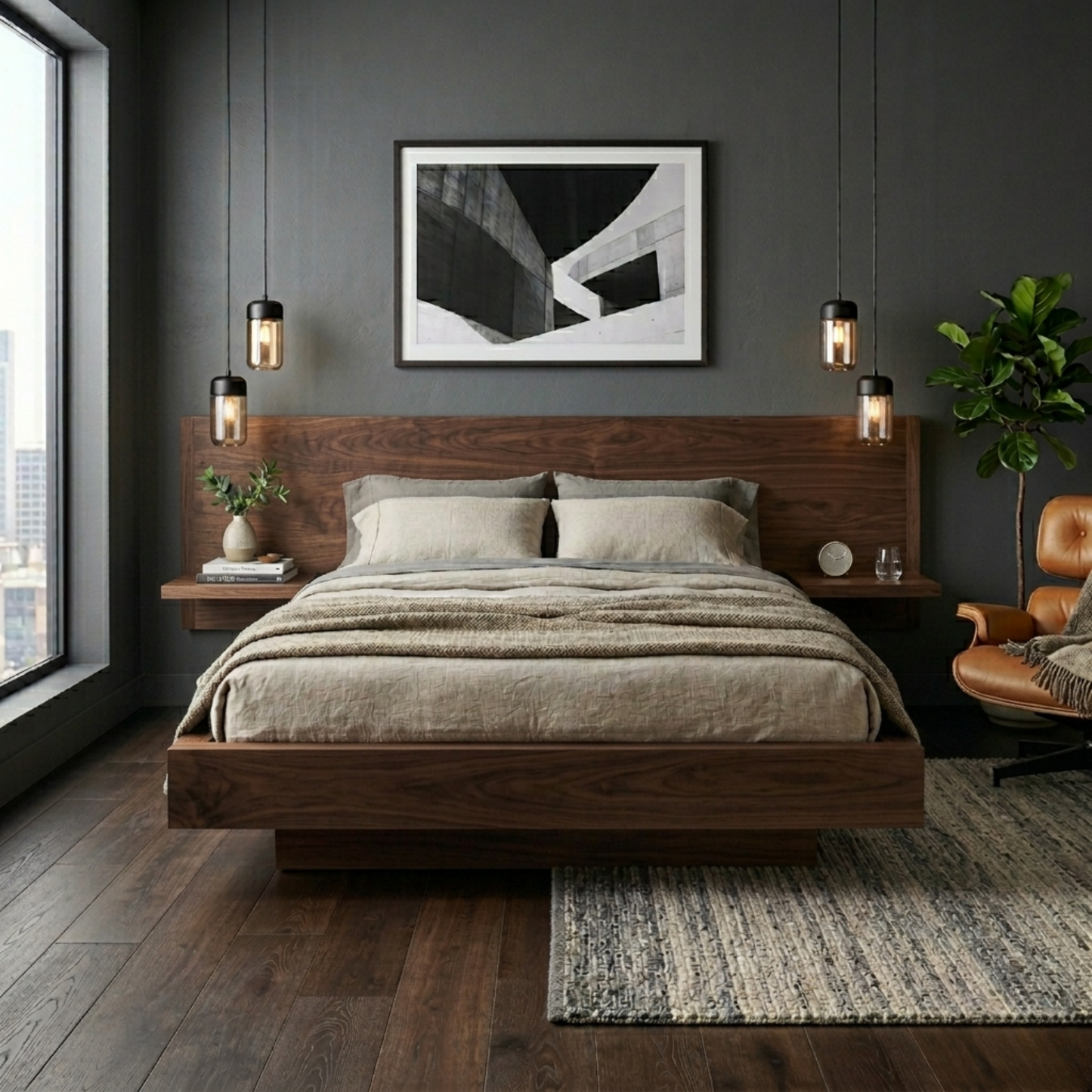 Solid Wood Platform Bed Frame with Extended Headboard Shelf