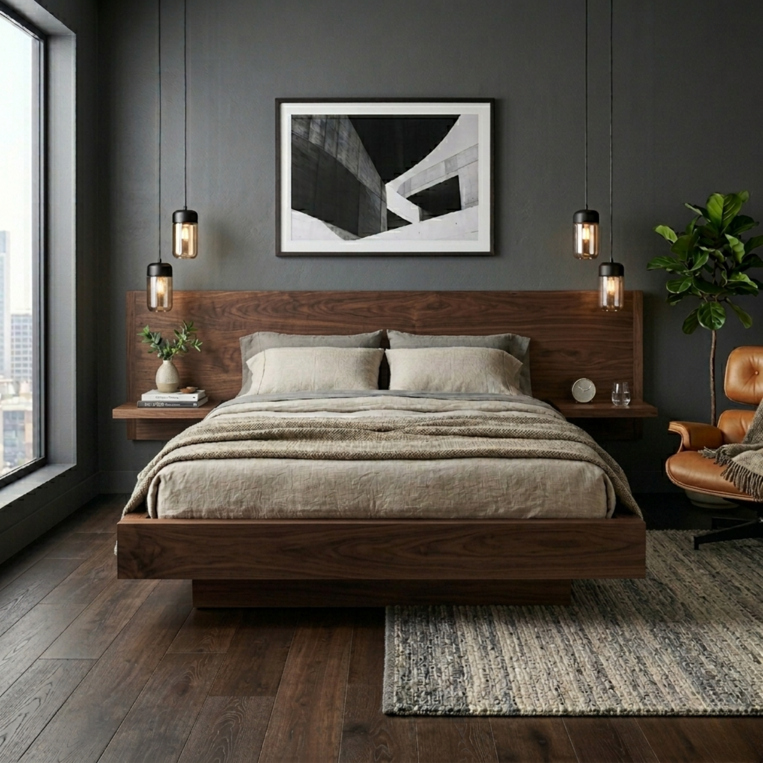 Solid Wood Platform Bed Frame with Extended Headboard Shelf