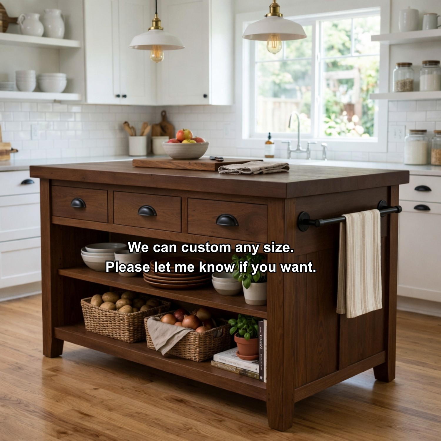 Farmhouse Solid Wood Kitchen Island with Drawers, Open Shelves and Towel Bar