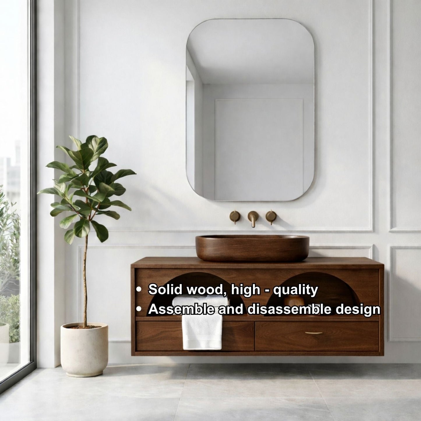 Handcrafted Arch Design Floating Vanity - Solid Wood Mid-Century Modern Bathroom Cabinet Kitchnce