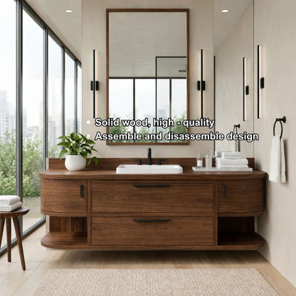 Handcrafted Floating Vanity with Open Shelving - Solid Wood Curved Bathroom Cabinet Kitchnce