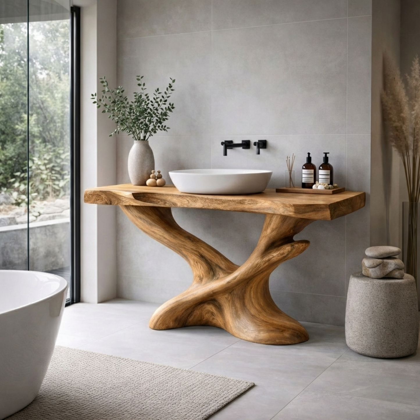 Handcrafted Solid Wood Bathroom Vanity – Sculptural Modern Pedestal Sink Table