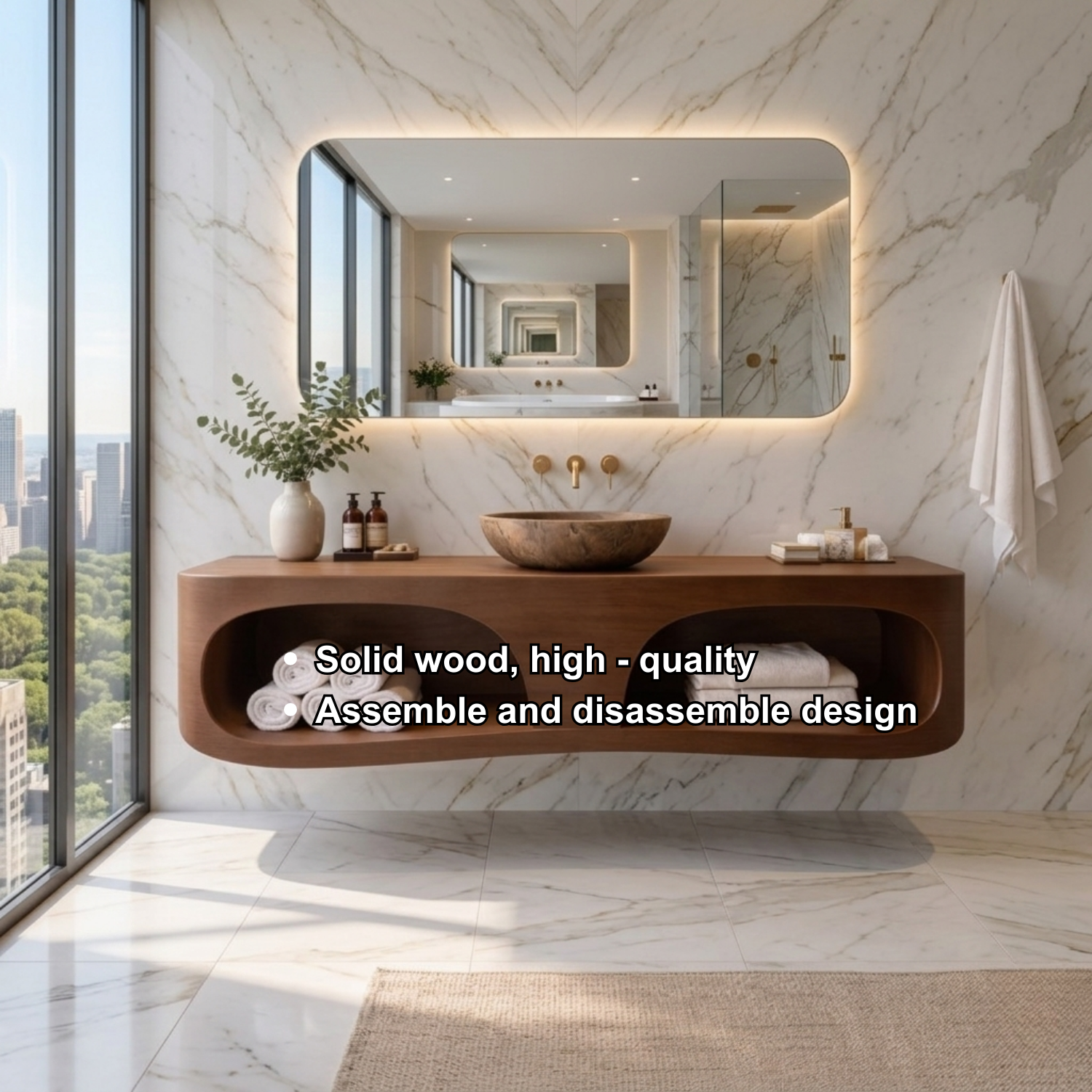 Solid Wood Floating Bathroom Vanity with Open Shelf – Modern Wall Mounted Vanity Kitchnce