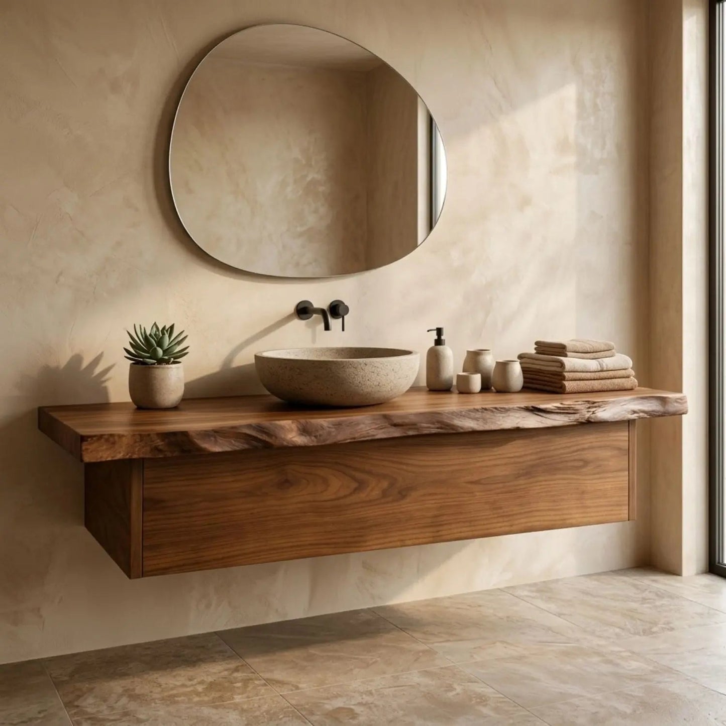 Floating Bathroom Vanity with Live Edge Wood Countertop and Minimalist Cabinet Kitchnce