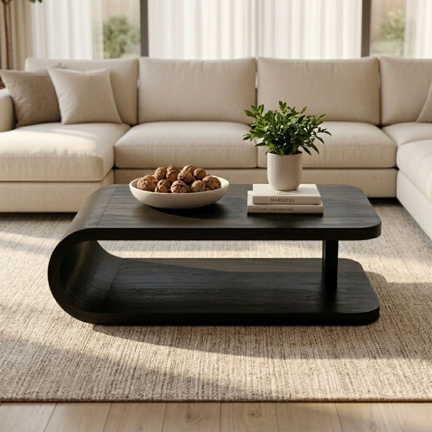 Modern Solid Wood Coffee Table with Curved Base and Storage Shelf for Living Room