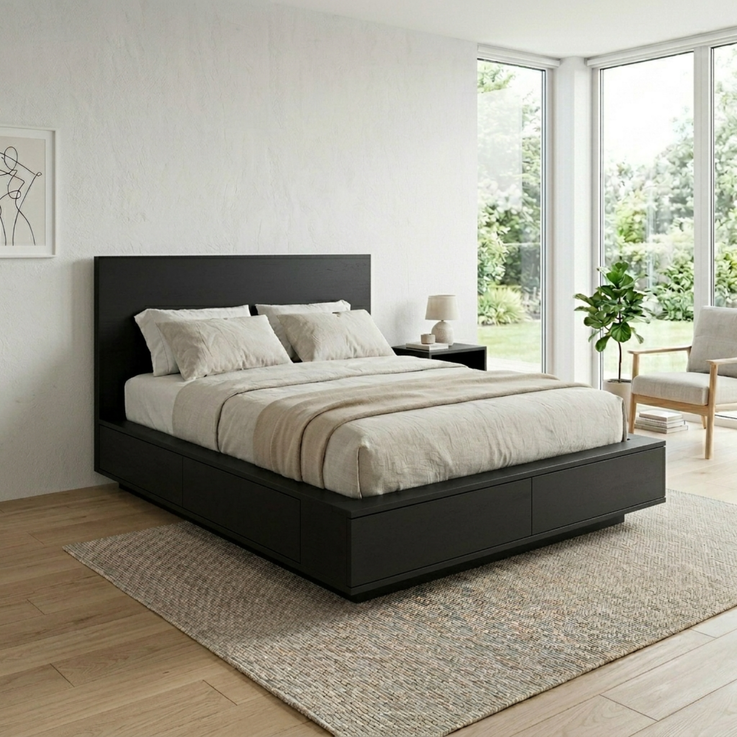 Solid Wood Platform Bed Frame with Integrated Storage Drawers