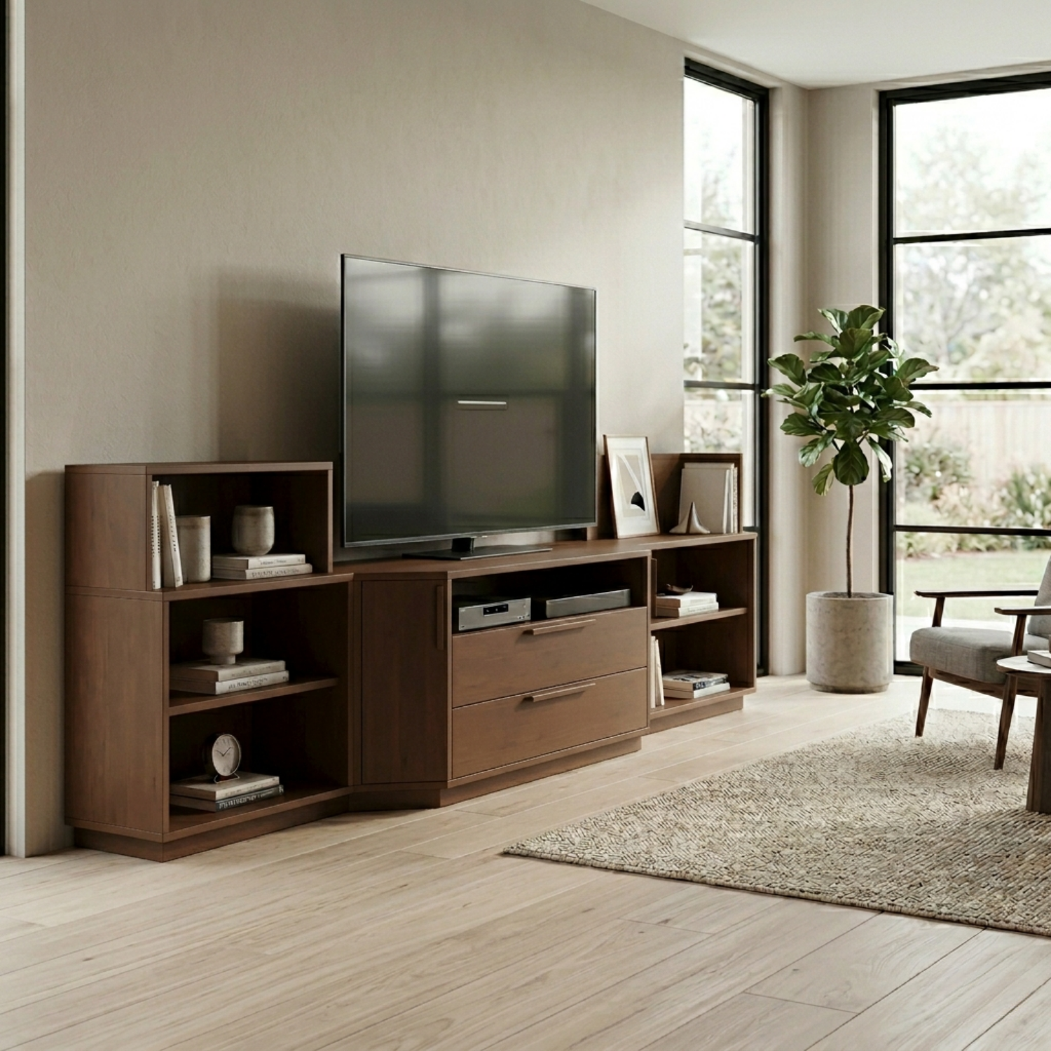 Modern Modular Solid Wood TV Stand with Open Shelves & Storage Cabinet