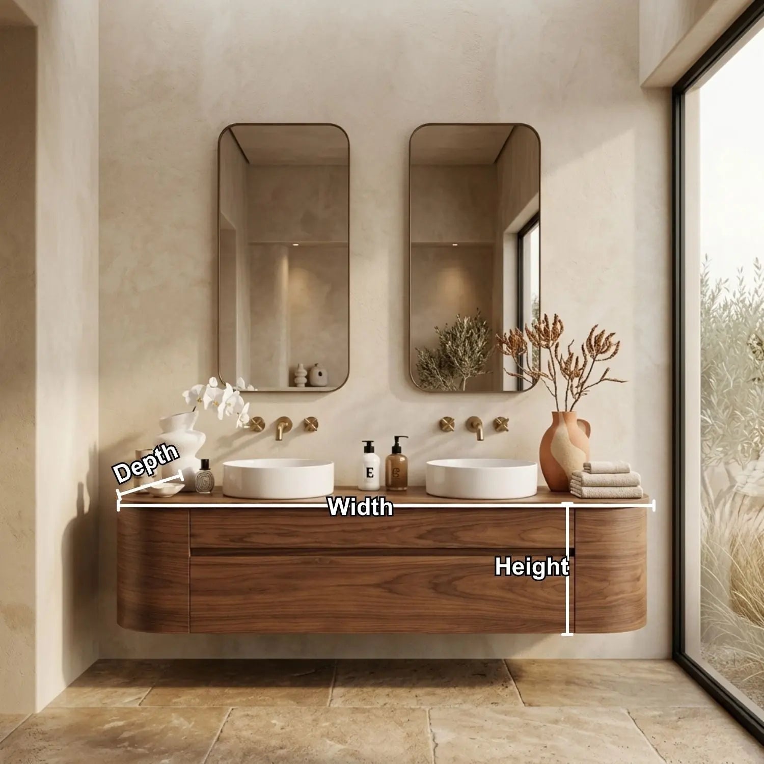 Handcrafted Wood Floating Double Vanity - Solid Wood Mid-Century Modern Bathroom Cabinet Kitchnce