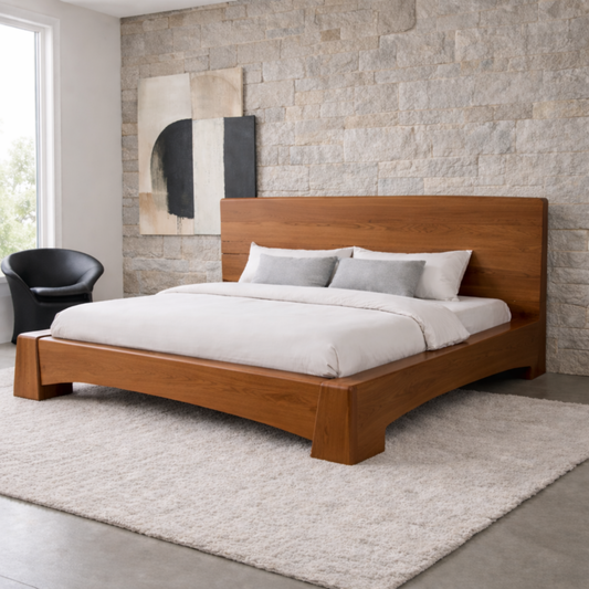 Solid Wood Platform Bed Frame with Wide Panel Headboard and Sculpted Base