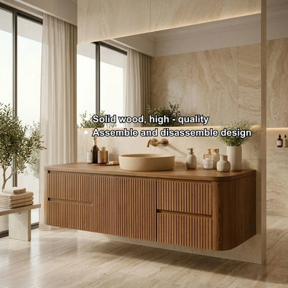 Floating Bathroom Vanity with Ribbed Design and Spacious Drawers – Handcrafted Solid Wood Kitchnce