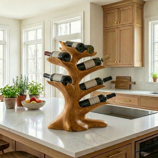 Handcrafted Solid Wood Wine Holder – Tree-Inspired Sculptural Countertop Wine Rack