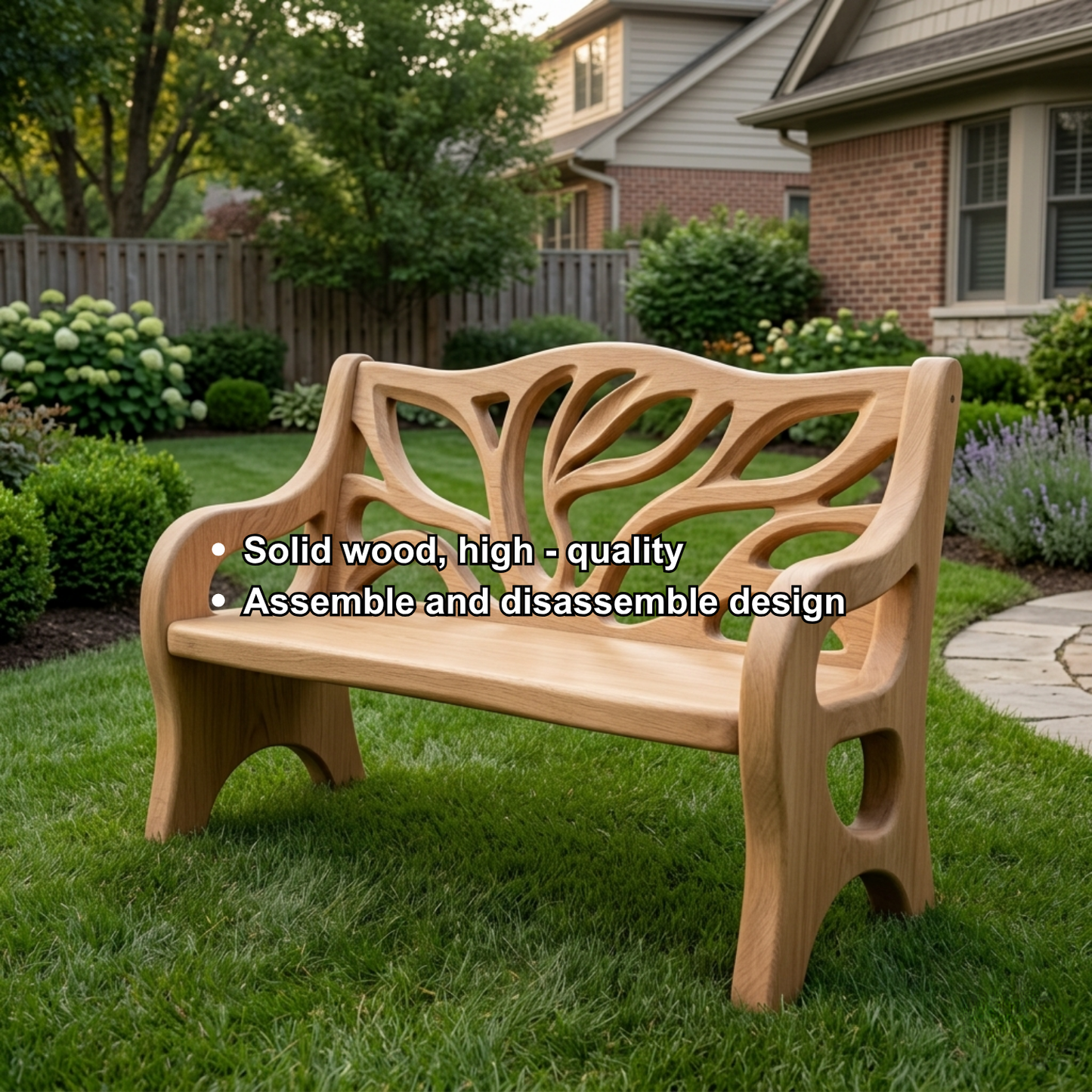 Solid Wood Outdoor Bench with Tree-Inspired Carved Backrest Garden Patio Seating