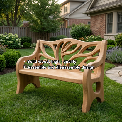 Solid Wood Outdoor Bench with Tree-Inspired Carved Backrest Garden Patio Seating