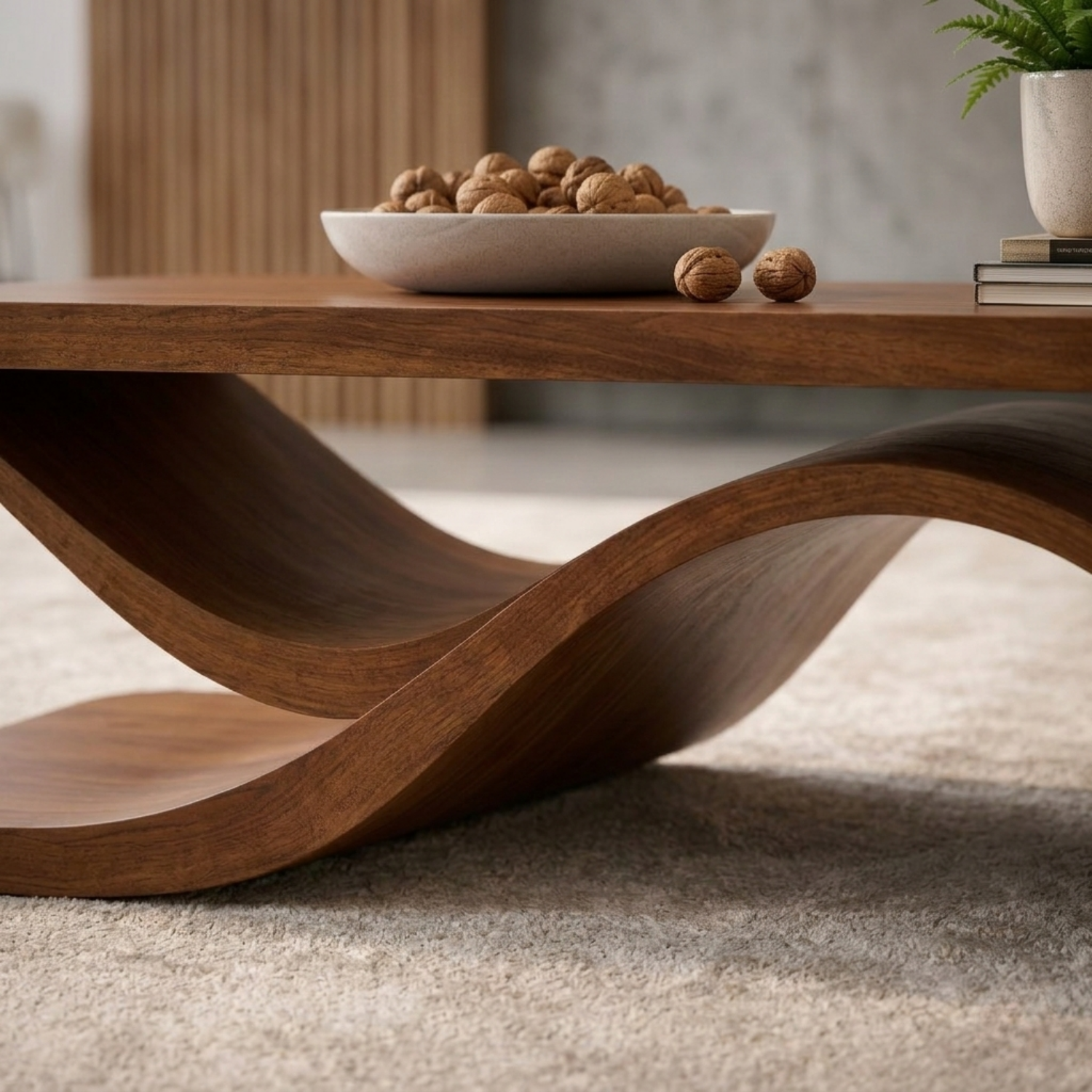 Solid Wood Coffee Table with Wave Sculptural Base – Modern Designer Living Room Table Kitchnce