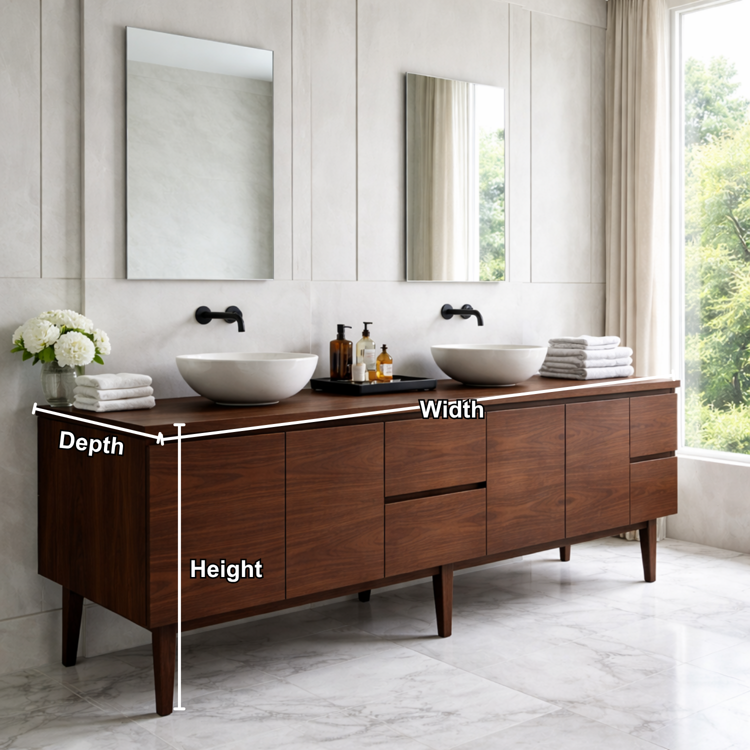 Handcrafted Mid-Century Modern Solid Wood Double Bathroom Vanity - Design Storage Cabinet