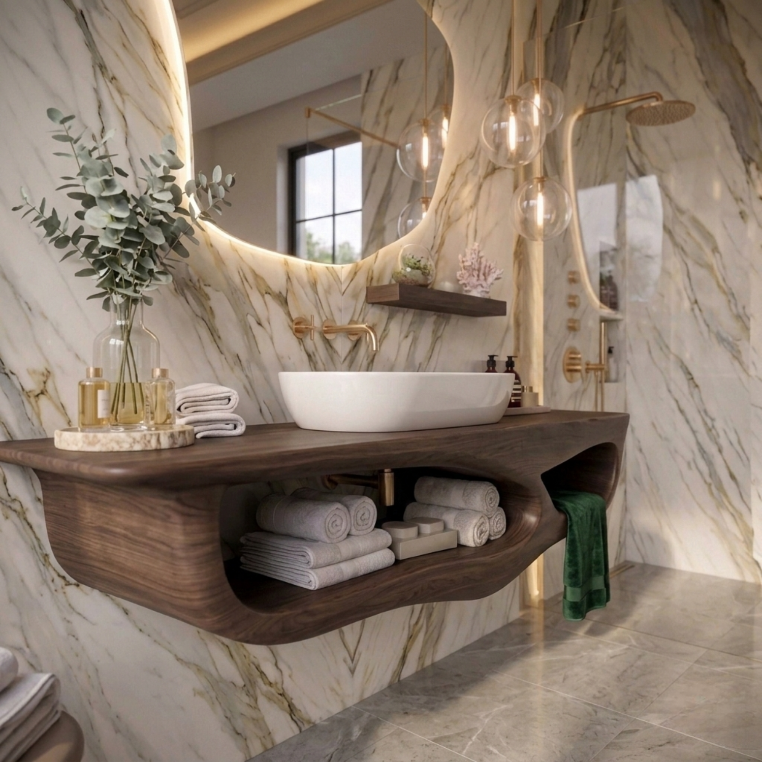 Solid Wood Floating Bathroom Vanity with Curved Shelf – Modern Wall Mounted Vanity Kitchnce