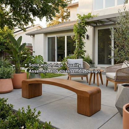 Solid Wood Outdoor Bench Curved Seat with Sculptural Block Legs Minimalist Design