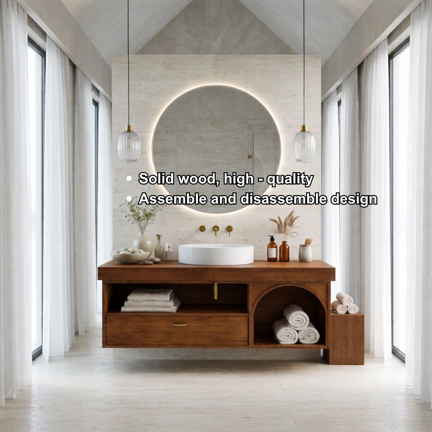 Floating Bathroom Vanity with Open Shelf & Arch Towel Niche – Modern Solid Wood Kitchnce