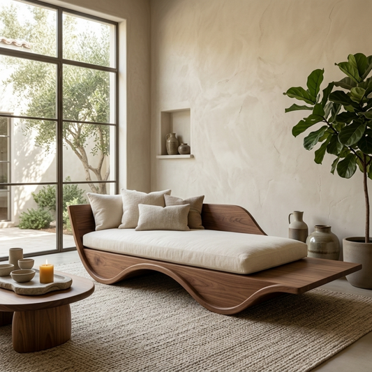 Solid Wood Curved Daybed Frame – Modern Minimalist Wave Design Lounge Bed Kitchnce