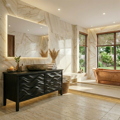 Freestanding Solid Wood Bathroom Vanity with Carved Wave Doors