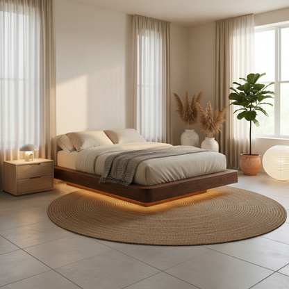 Handcrafted Solid Wood Floating Bed Frame with Modern Platform Design Kitchnce