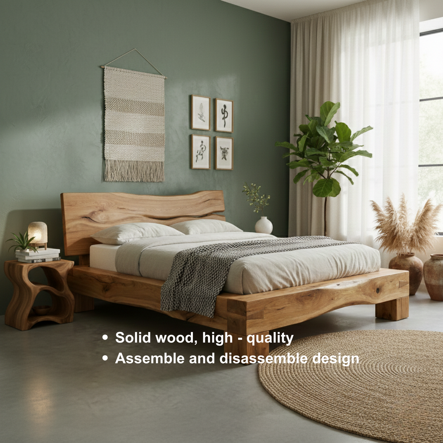 Handcrafted Solid Wood Live-Edge Bed Frame with Organic Natural Headboard Kitchnce