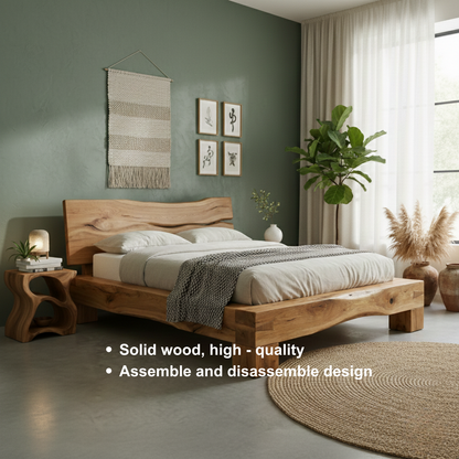 Handcrafted Solid Wood Live-Edge Bed Frame with Organic Natural Headboard Kitchnce