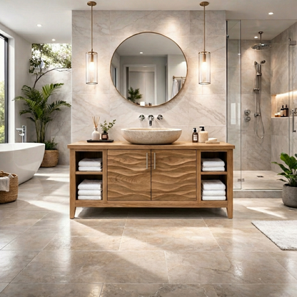 Freestanding Solid Wood Bathroom Vanity with Wave Front and Open Shelf Storage