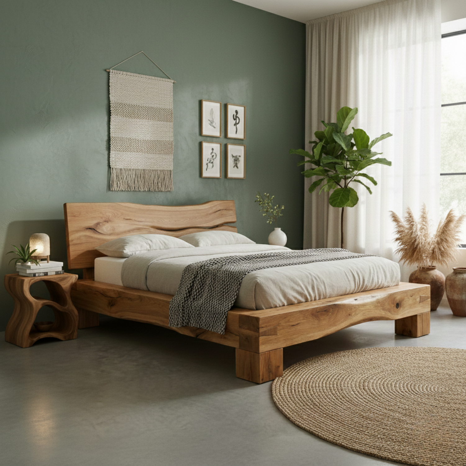 Handcrafted Solid Wood Live-Edge Bed Frame with Organic Natural Headboard Kitchnce