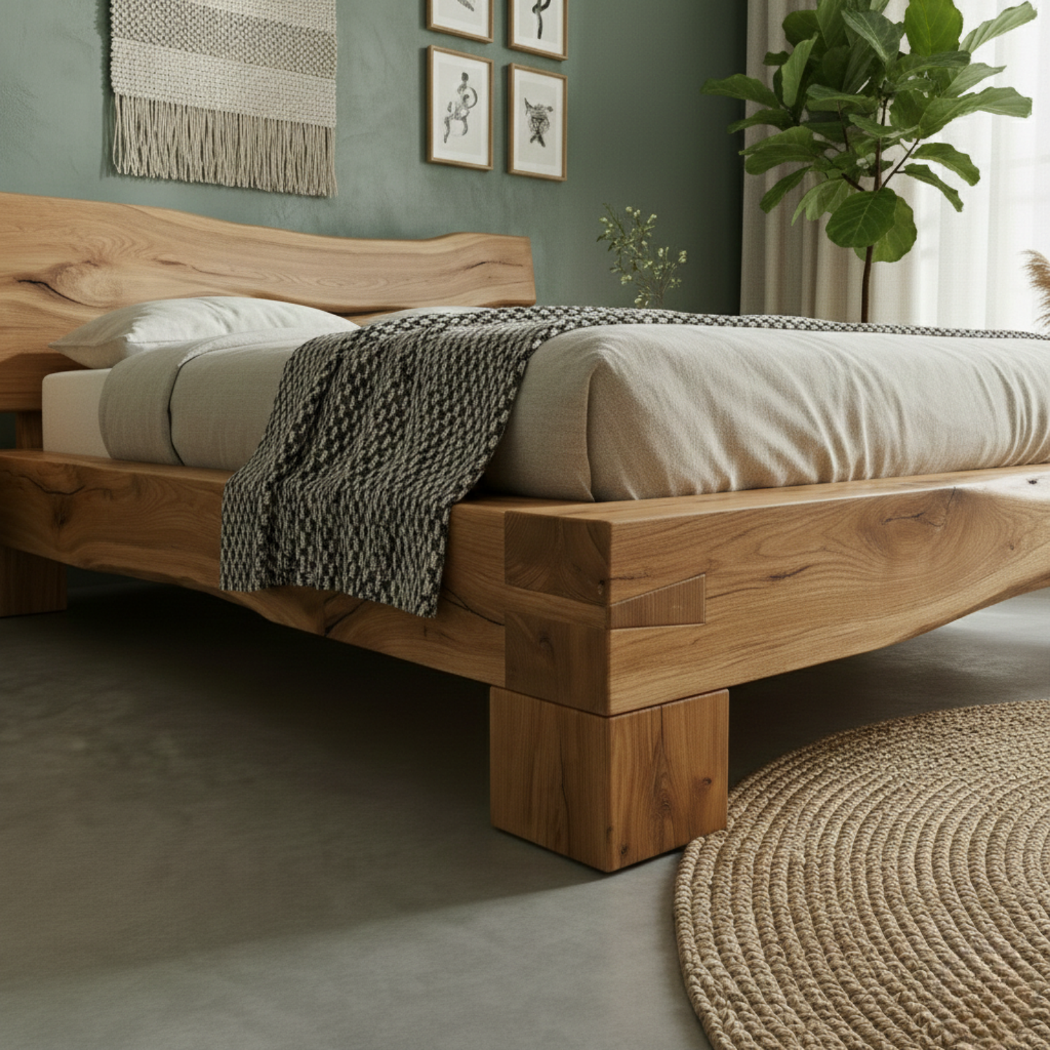 Handcrafted Solid Wood Live-Edge Bed Frame with Organic Natural Headboard Kitchnce