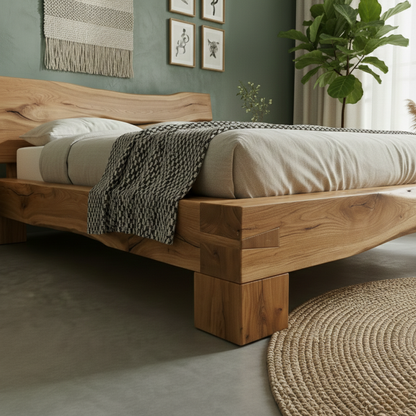 Handcrafted Solid Wood Live-Edge Bed Frame with Organic Natural Headboard Kitchnce