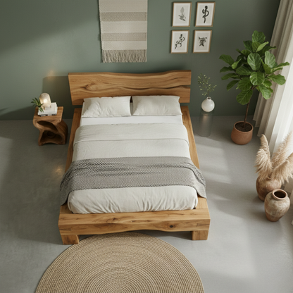Handcrafted Solid Wood Live-Edge Bed Frame with Organic Natural Headboard Kitchnce