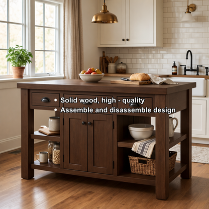Farmhouse Solid Wood Kitchen Island with Drawers, Cabinet and Shelves – Prep Table Kitchnce
