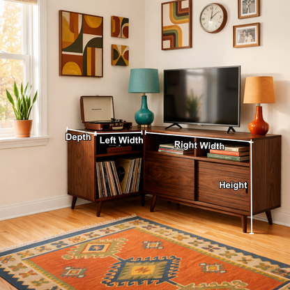 Solid Wood Corner TV Stand with Record Storage, Sliding Door Cabinet and Open Shelves