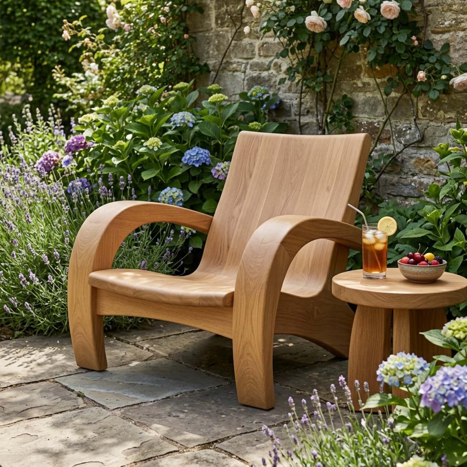 Modern Solid Wood Lounge Chair with Curved Armrests for Indoor & Outdoor Use