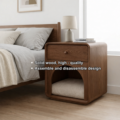 Solid Wood Nightstand with Cat Bed Nook – Modern Bedside Table with Drawer Kitchnce