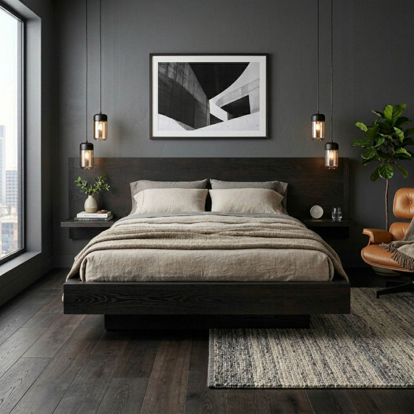 Solid Wood Platform Bed Frame with Extended Headboard Shelf
