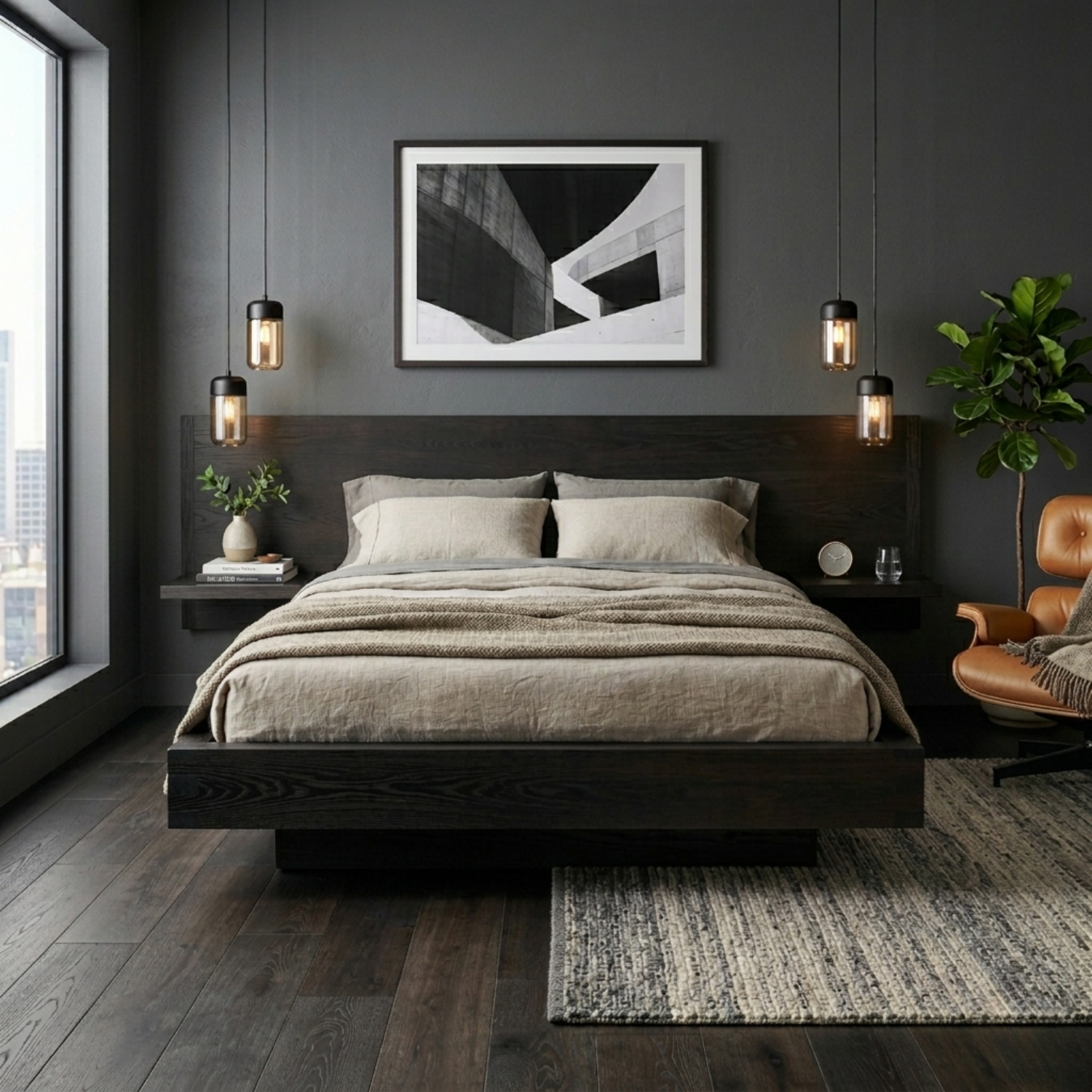 Solid Wood Platform Bed Frame with Extended Headboard Shelf