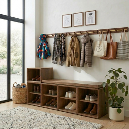 Modular Solid Wood Shoe Storage Bench with Open Cubby Shelves – Entryway Shoe Bench