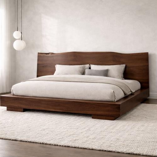 Modern Solid Wood Platform Bed Frame with Curved Headboard and Low Profile Base