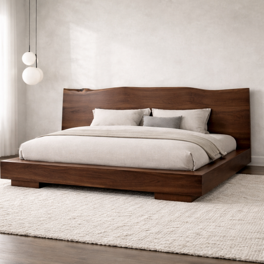 Modern Solid Wood Platform Bed Frame with Curved Headboard and Low Profile Base