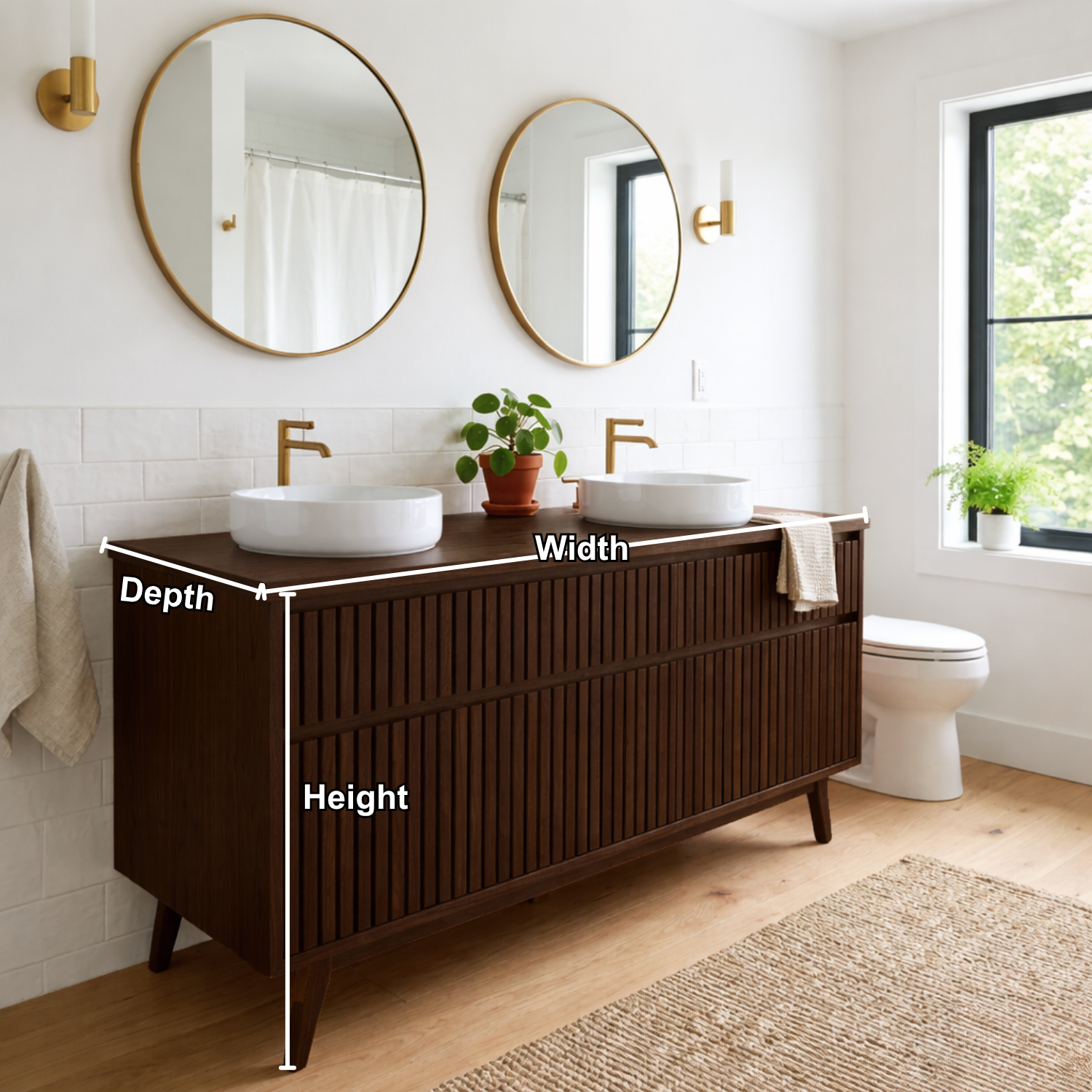 Solid Wood Double Bathroom Vanity Fluted Panel Mid-Century Freestanding Cabinet