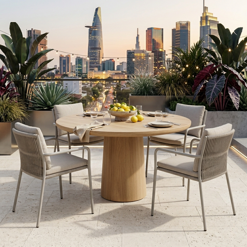 Round Solid Wood Outdoor Dining Table with Minimalist Cylinder Pedestal Base