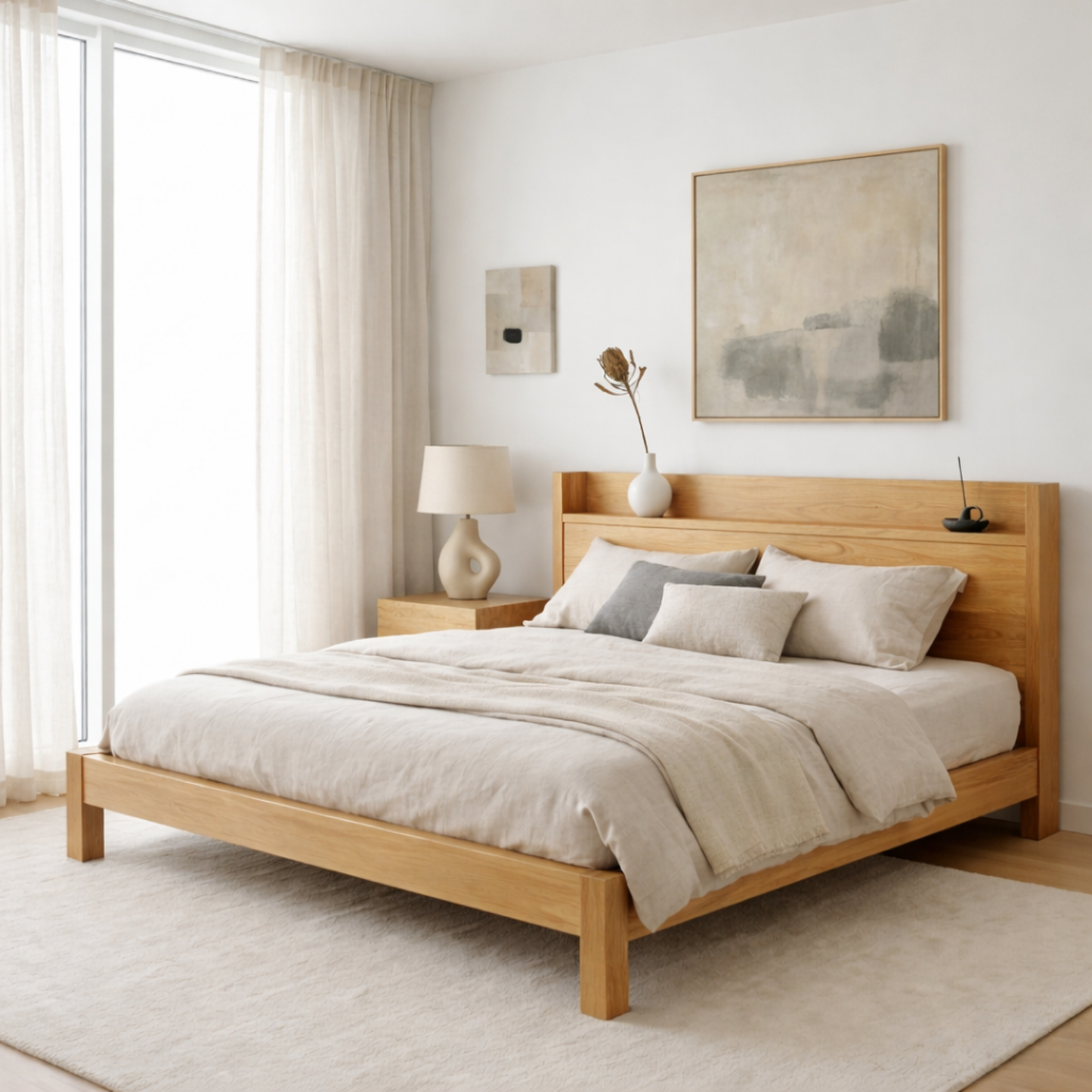 Scandinavian Style Solid Wood Platform Bed Frame with Minimalist Headboard Shelf