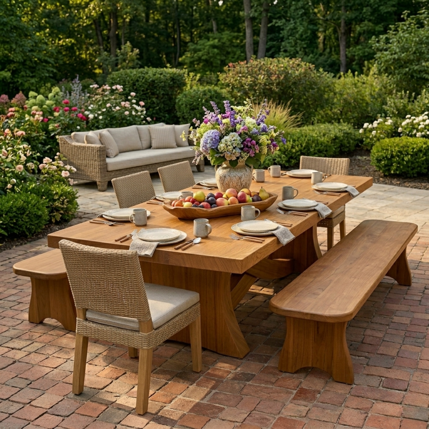 Solid Wood Outdoor Dining Table Rectangular Top with Sculptural Curved Cross Base